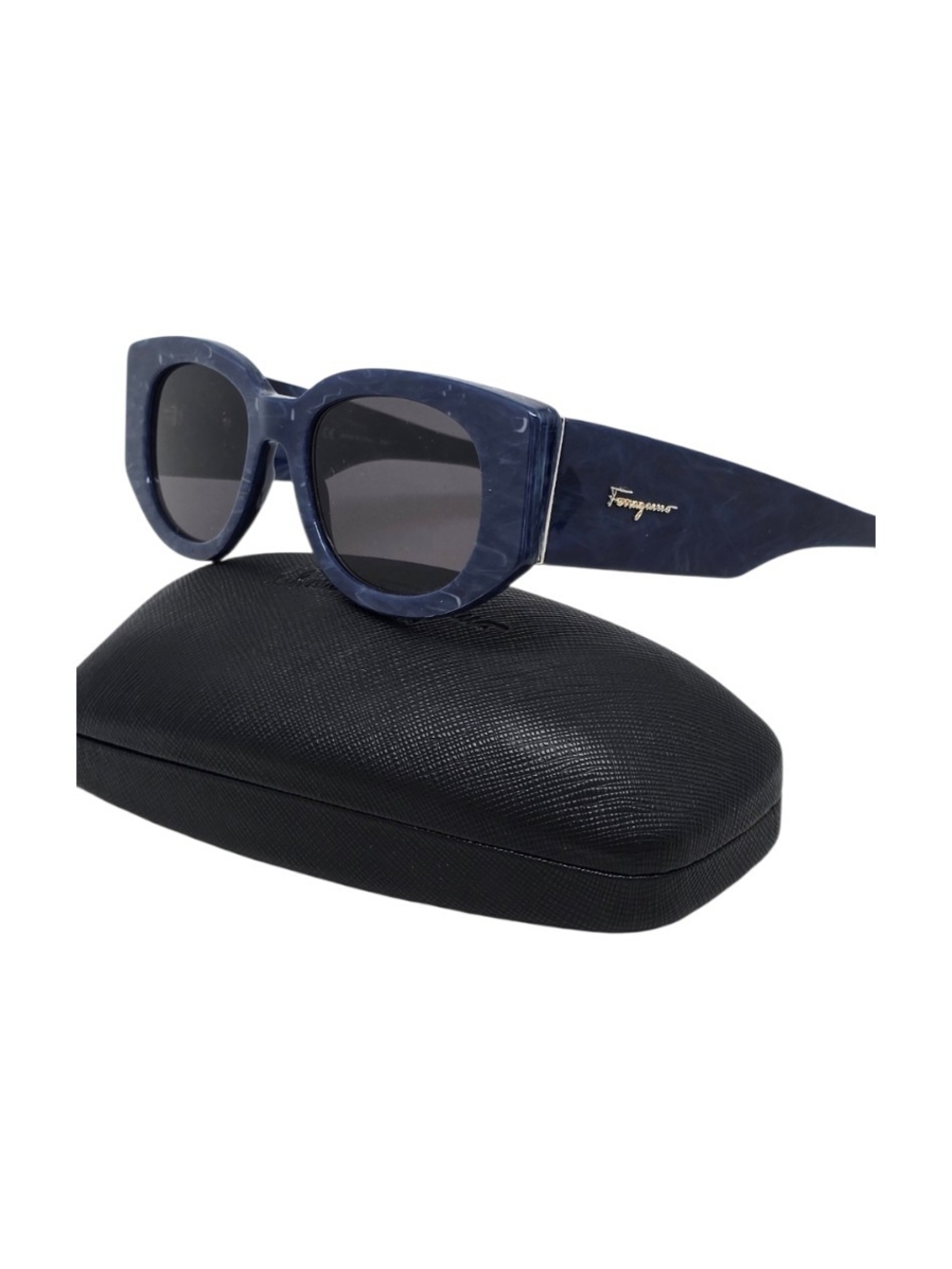 Salvatore Ferragamo Navy Marbled Cat-Eye Sunglasses with Gold Logo